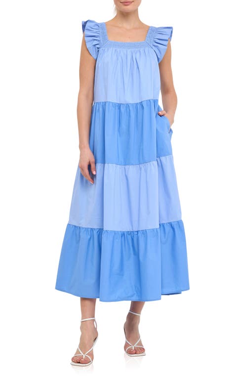 Flutter Sleeve Colorblock Cotton Midi Dress in Blue Multi