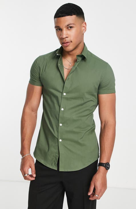 Slim Fit Short Sleeve Stretch Button-Up Shirt