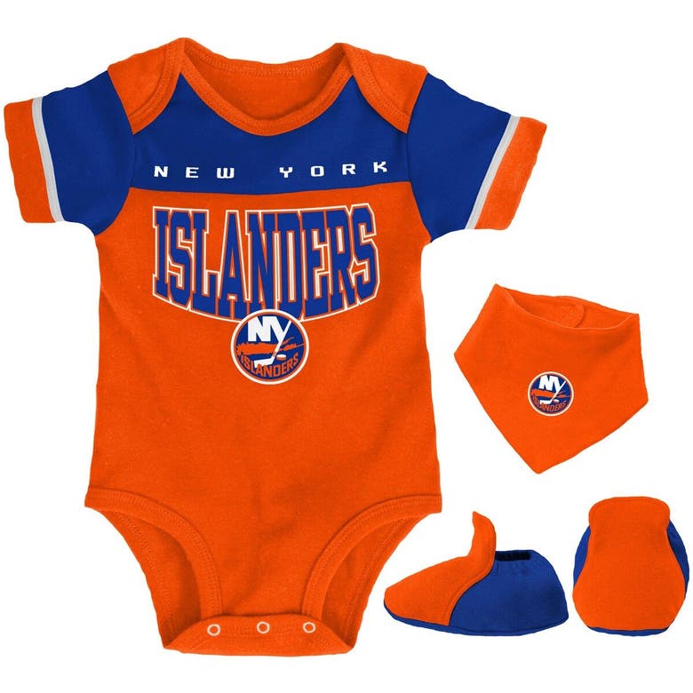 OUTERSTUFF NEWBORN & INFANT ORANGE/ROYAL NEW YORK ISLANDERS PUCK HAPPY BODYSUIT BIB & BOOTIES SET