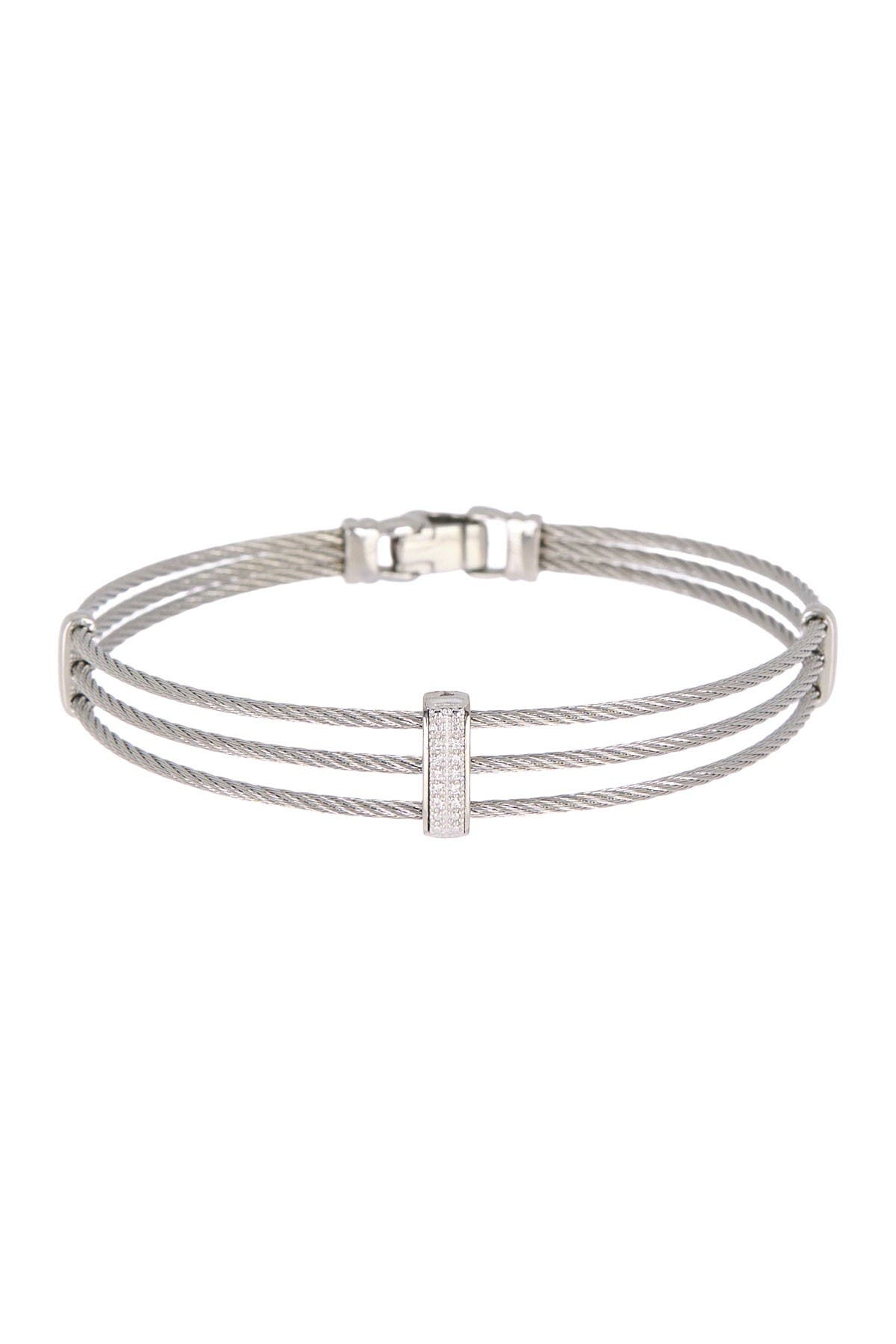 Alor 18k White Gold Plated Stainless Steel Pave Stone Triple Row Wire Bangle Bracelet In Grey