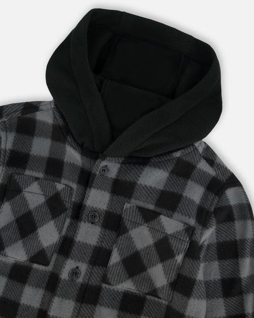 Shop Deux Par Deux Little Boy's Polar Fleece Shirt With Hood Black Plaid In Plaid Grey & Black