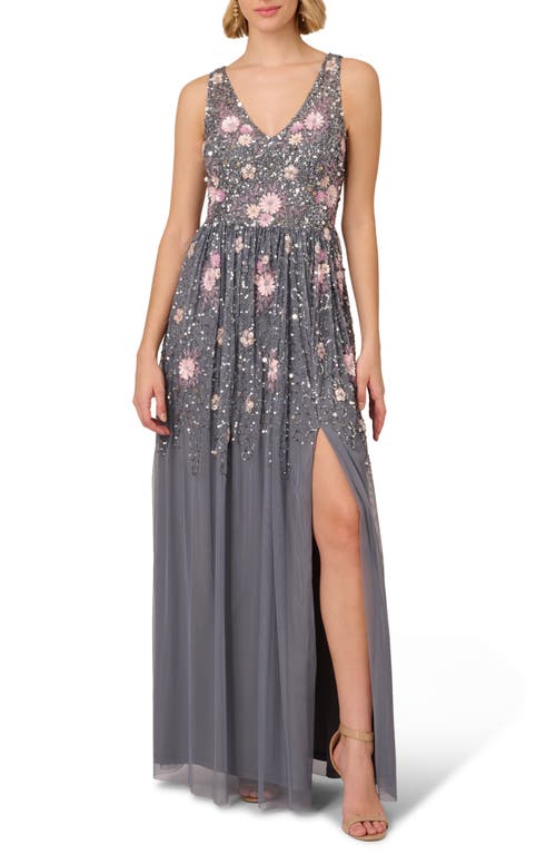 Floral Beaded Sleeveless Mesh Gown in Dusty Blue Multi