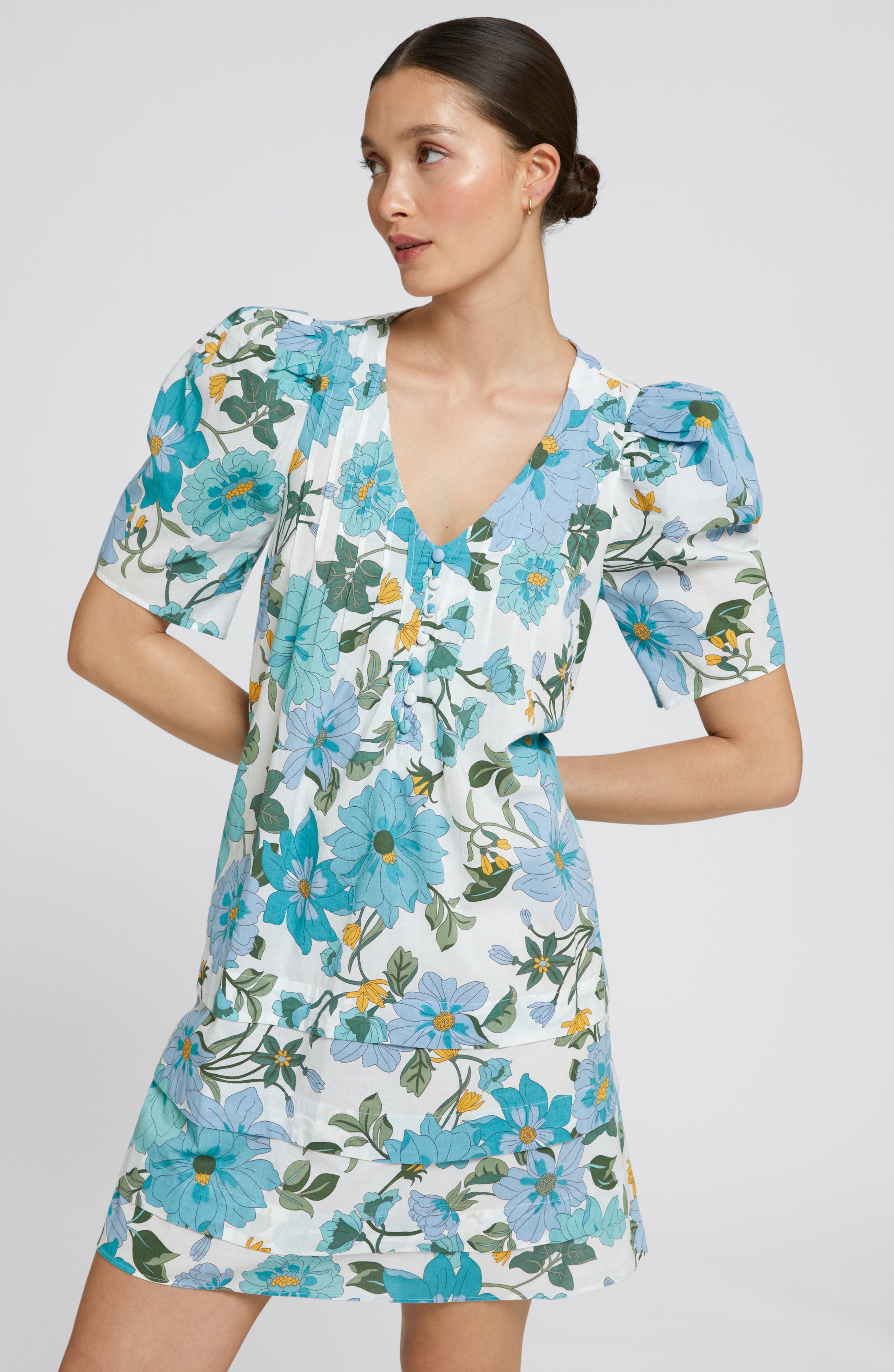 & Other Stories Print Pintuck Puff Sleeve Dress in Blue/Green Flower Pia Op  | Smart Closet