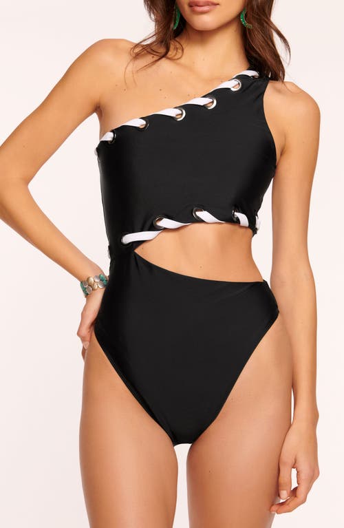 Ramy Brook Verdie Lace-Up One-Shoulder One-Piece Swimsuit in Black W/White Lacing 