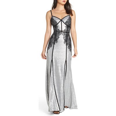 Tadashi Shoji Sleeveless Sequin & Lace Gown, Metallic