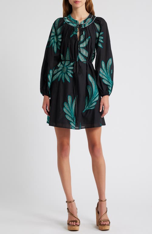 Shop Ciebon Viena Embroidered Long Sleeve Cotton Minidress In Black/green