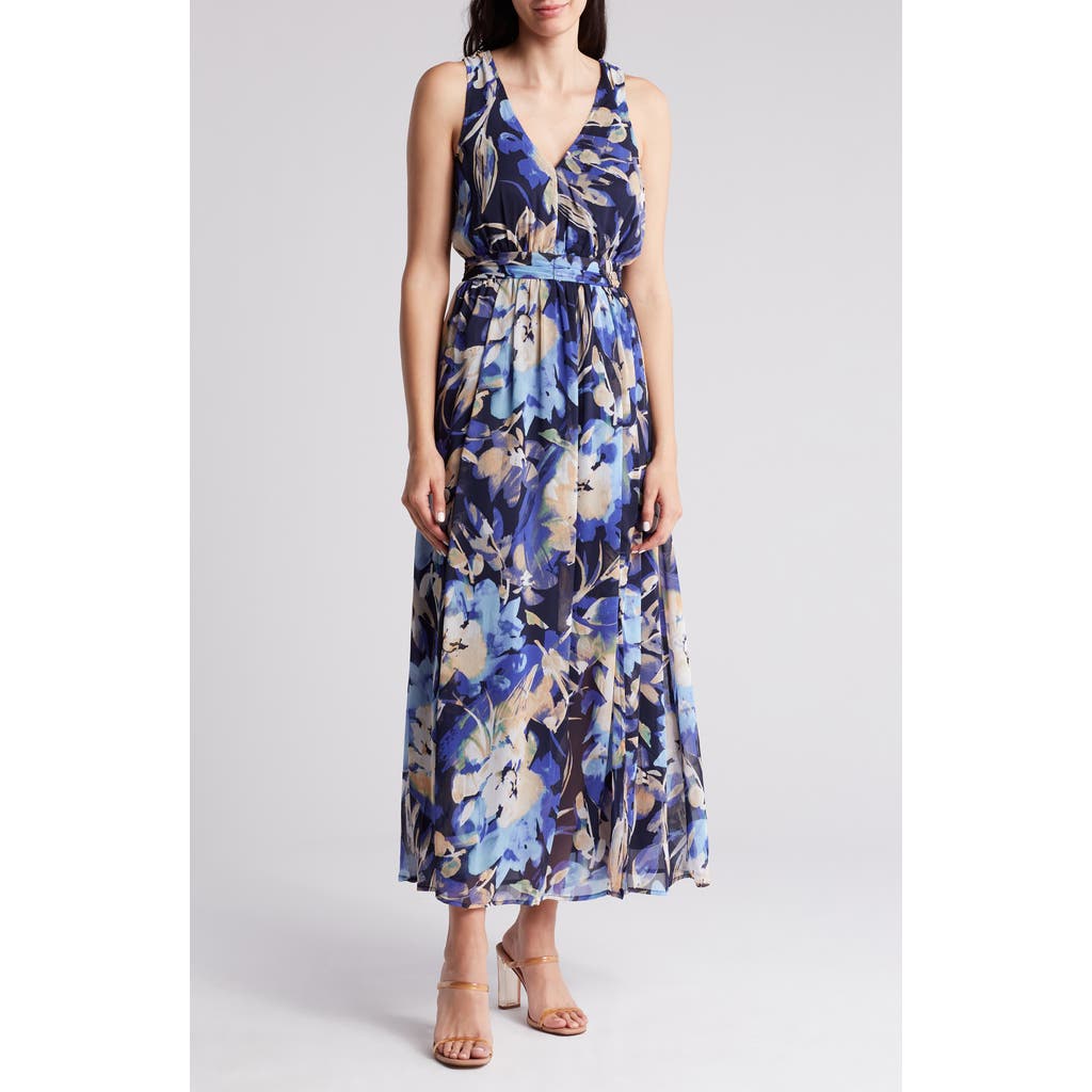 Lovestitch Floral Smocked Maxi Dress In Blue