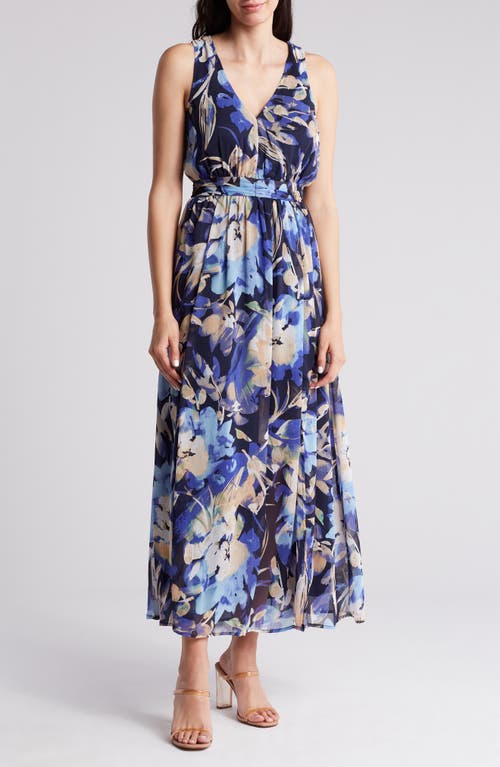 Shop Lovestitch Floral Smocked Maxi Dress In Navy/light Blue