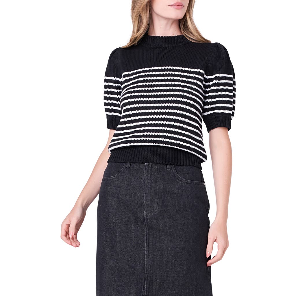 English Factory Stripe Short Puff Sleeve Sweater In Black/white