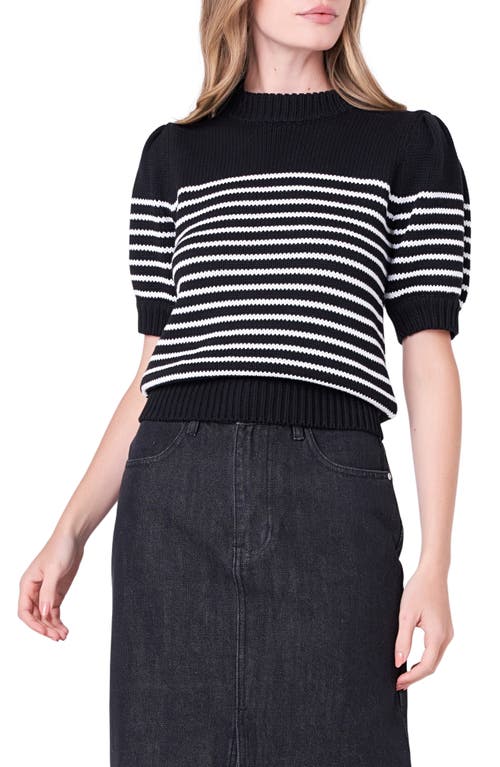 Shop English Factory Stripe Short Puff Sleeve Sweater In Black/white