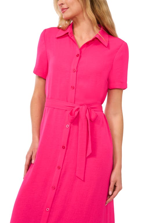 Shop Cece Tie Belt Button-up Twill Midi Dress In Bright Rose Pink