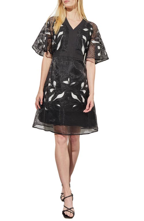 Ming Wang Floral Appliqué Mixed Media Dress In Black/white