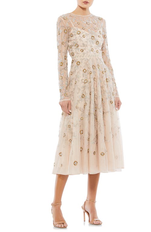 Mac Duggal Beaded Floral Long Sleeve Cocktail Midi Dress in Nude at Nordstrom, Size 18