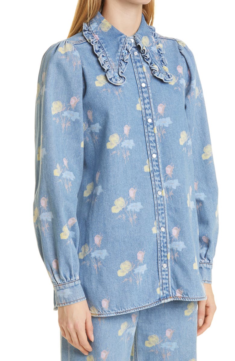 Ganni Print Indigo Frill Collar Organic Cotton Denim Shirt, Alternate, color, 