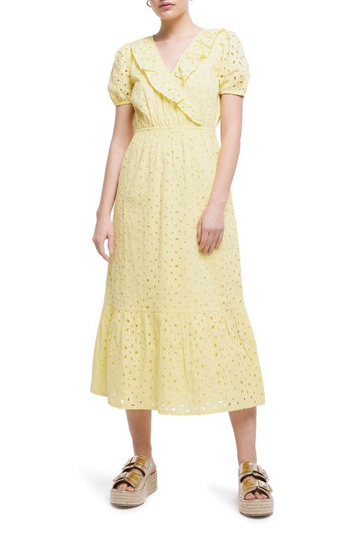 River Island Short Sleeve Faux Wrap Broderie Anglaise Cotton Dress Yellow at Nordstrom,