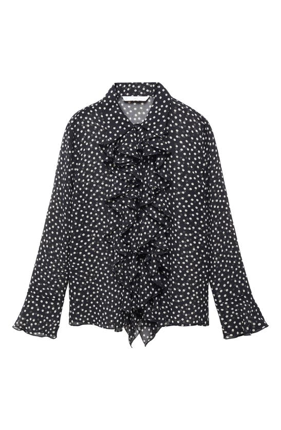 Mango Polka Dot Ruffle Semisheer Long Sleeve Blouse In Black