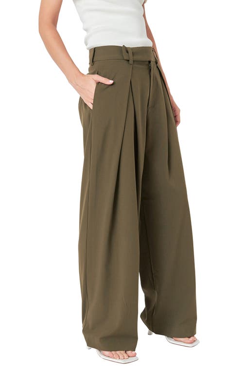 Endless Rose Pleat Front Wide Leg Pants In Dark Olive