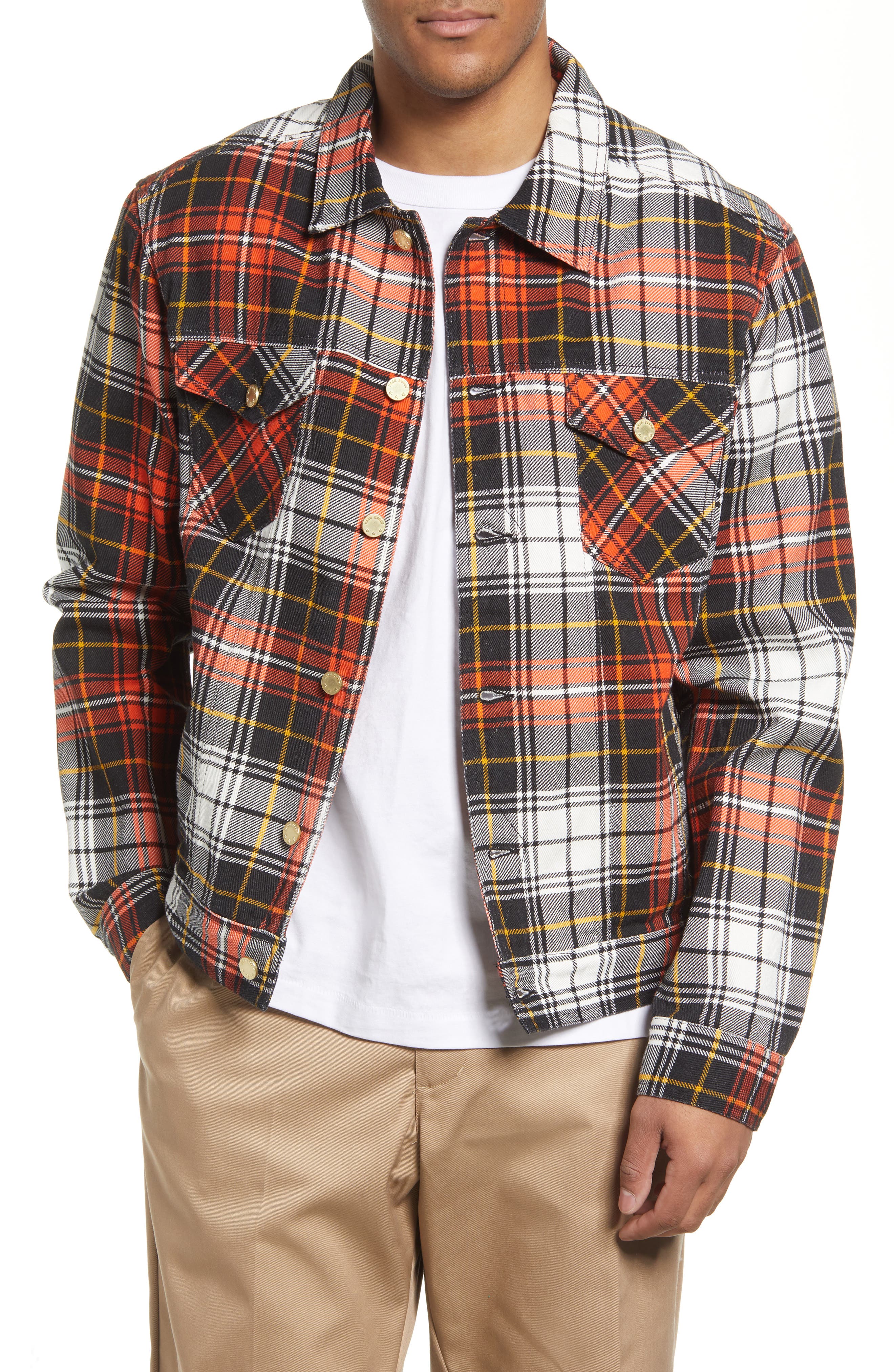 red plaid trucker jacket