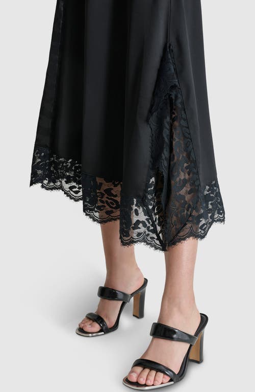 Shop Dkny Mixed Media Lace Trim Midi Skirt In Black/black