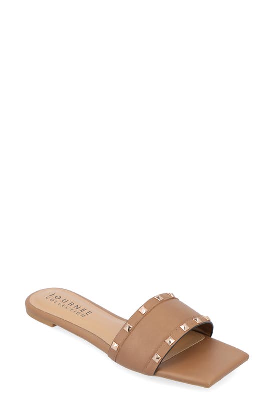 Journee Collection Treena Studded Flat Slide Sandal In Tan