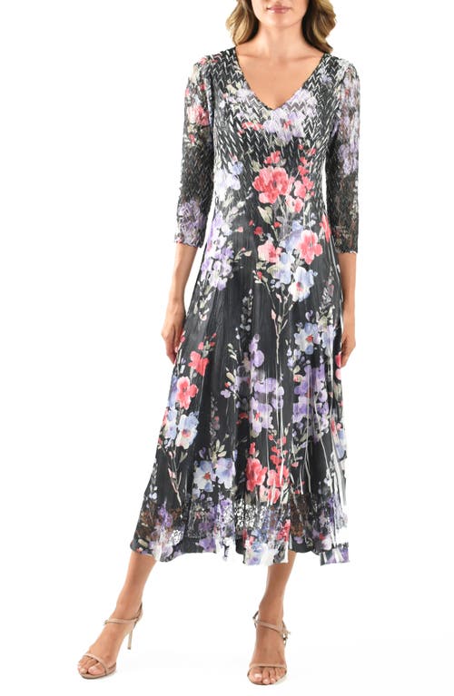 Komarov Lace Sleeve Charmuese & Chiffon Cocktail Midi Dress In Eternal Bloom