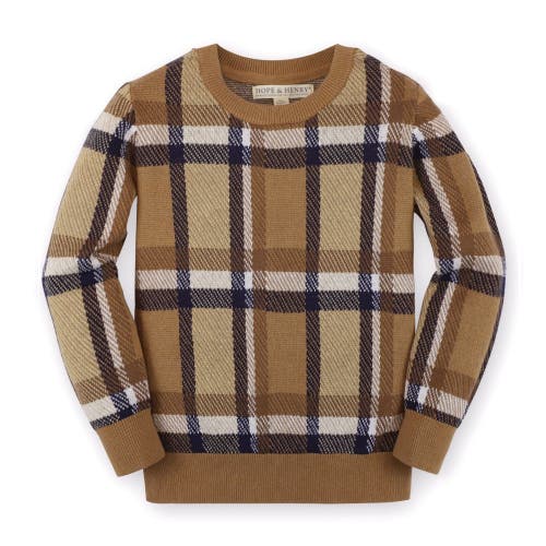 Hope & Henry Boys' Crew Neck Pullover Sweater, Kids In Honey Brown Plaid Intarsia