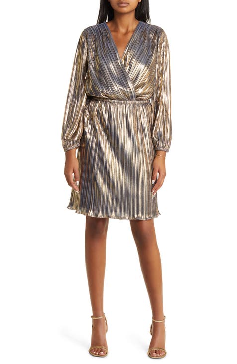 Metallic Pleated Long Sleeve Cocktail Dress