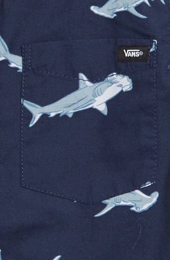 Shop Vans Kids' Shark Print Short Sleeve Button-up Shirt In Dress Blues