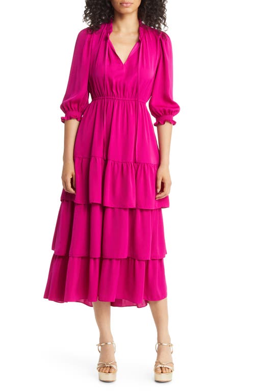 Tiered Satin Midi Dress in Magenta