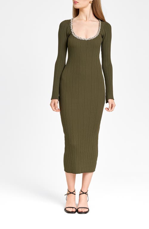 Wayf Cinthia Jewel Neck Long Sleeve Rib Midi Dress In Olive