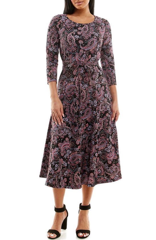 Nina Leonard Scoop Neck Jersey Midi Dress In Black/ Dusty Rose Multi