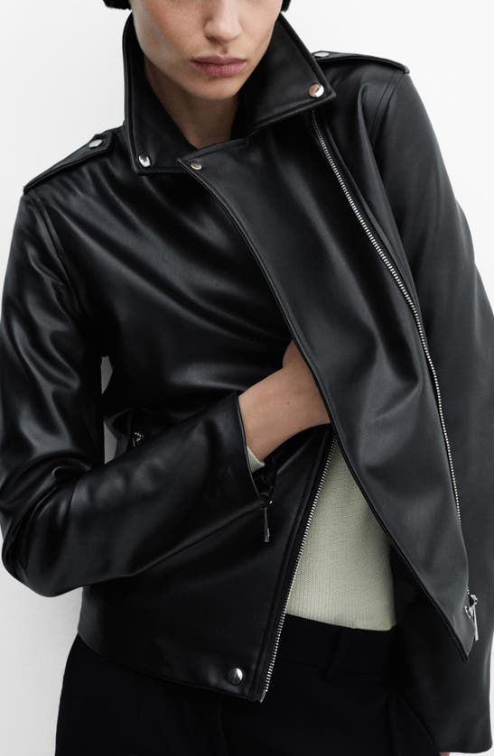 Shop Mango Faux Leather Biker Jacket In Black