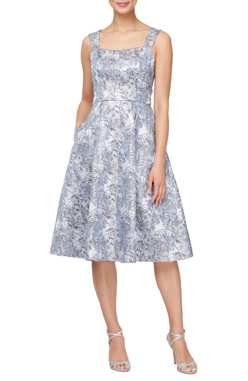 Floral Jacquard Cocktail Dress in Silver Multi