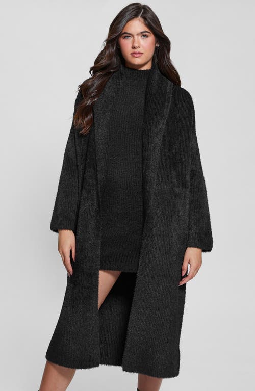 Guess Vero Fuzzy Shawl Collar Longline Cardigan In Jet Black