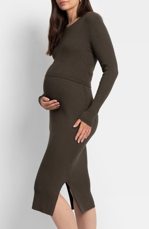 Shop Seraphine Two-piece Rib Maternity/nursing Sweater & Midi Dress Set In Khaki