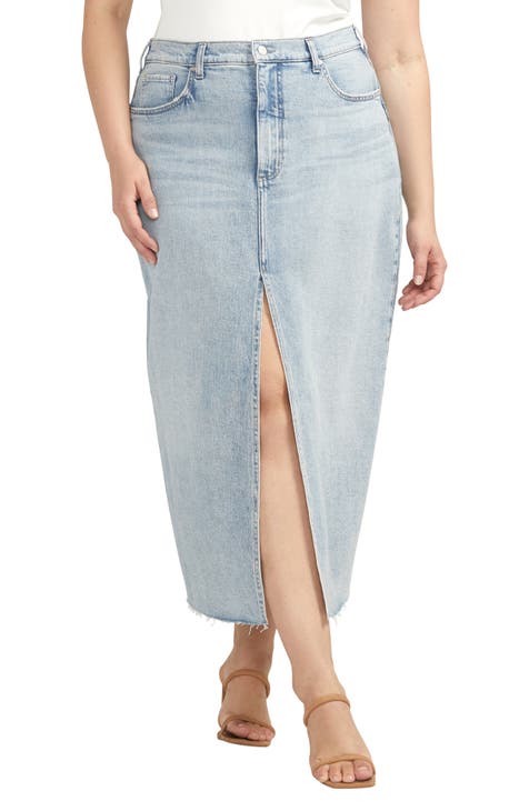 Front Slit Denim Midi Skirt (Plus)