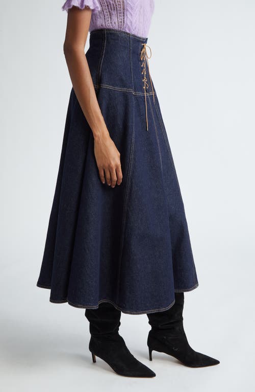 Shop Ulla Johnson The Estelle Lace-up Denim Midi Skirt In Tigris