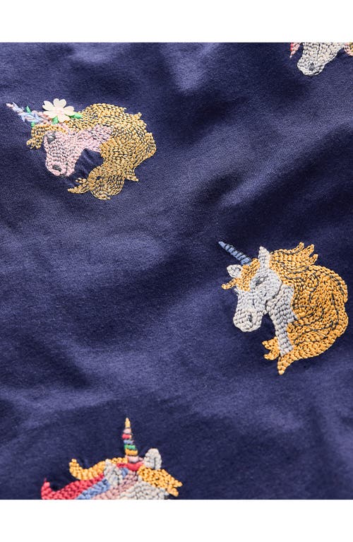 Shop Mini Boden Kids' Unicorn Embroidered Long Sleeve Cotton Graphic T-shirt In Starboard Blue Unicorns