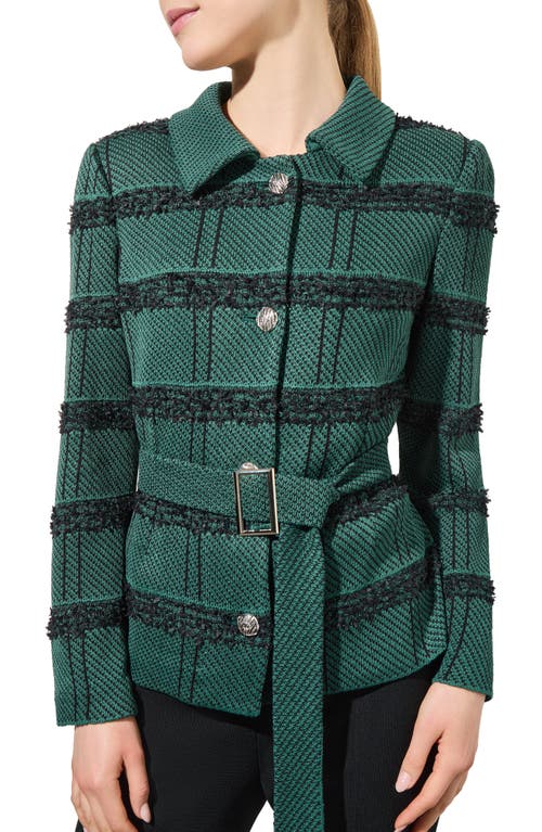 Shop Ming Wang Stripe Belted Tweed Blazer In Green/black