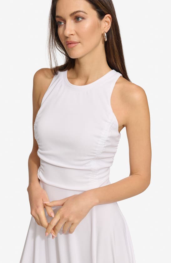 Shop Dkny Ruched Mesh Trim Sleeveless Maxi Dress In White