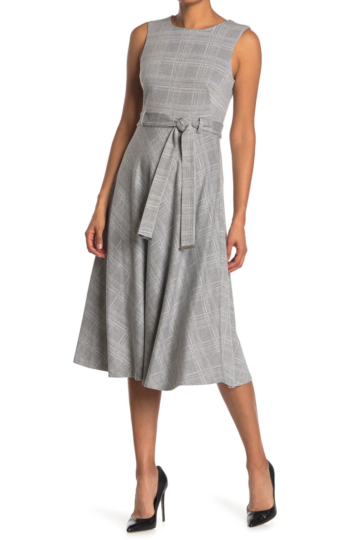 Calvin Klein Ponte Plaid Belted Midi Dress In Open Grey2