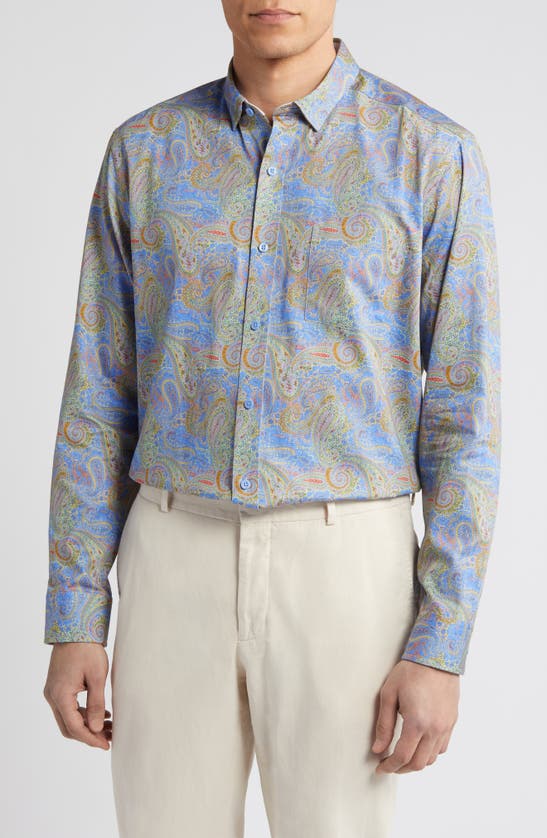Shop Johnston & Murphy Paisley Print Cotton Button-up Shirt In Blue
