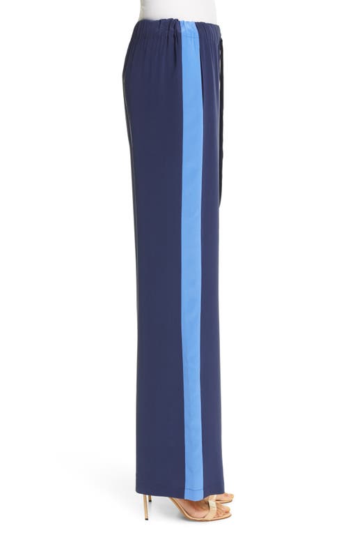 Shop Dvf Ellington Side Stripe Drawstring Silk Pants In New Navy/baja Blue