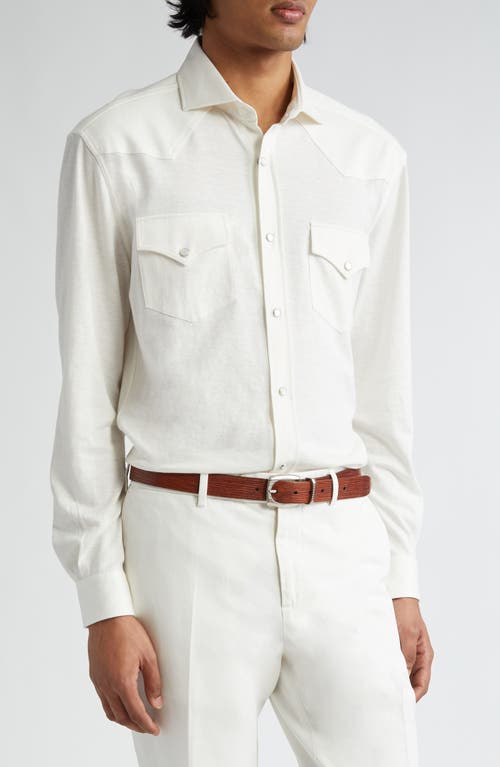 Brunello Cucinelli Linen & Cotton Snap-Up Shirt in C828 Off White at Nordstrom, Size Medium