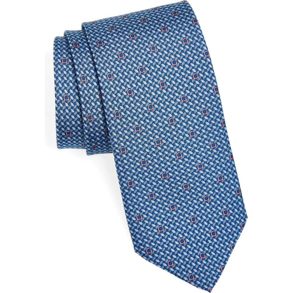 Ferragamo Maglia Gancini Print Silk Tie In Blue