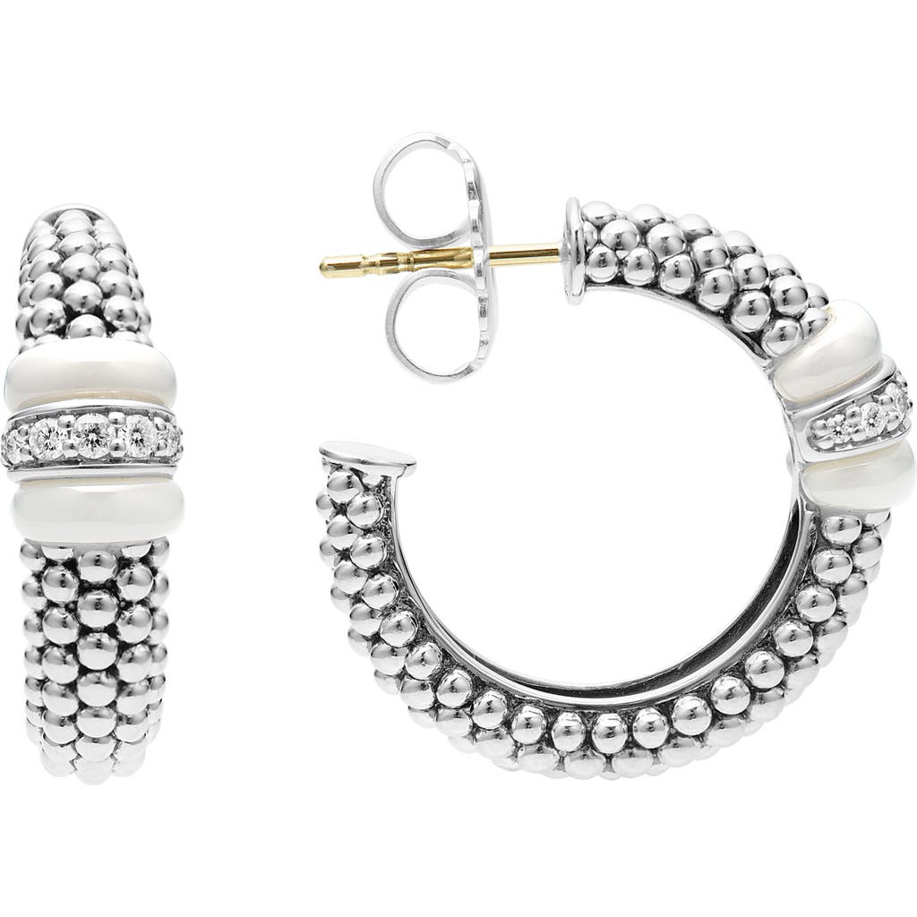 Shop Lagos White Caviar Diamond Hoop Earrings In Silver/diamond
