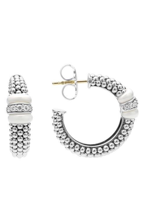 Lagos Ceramic & Sterling Silver White Caviar Diamond Hoop Earrings In Silver/diamond