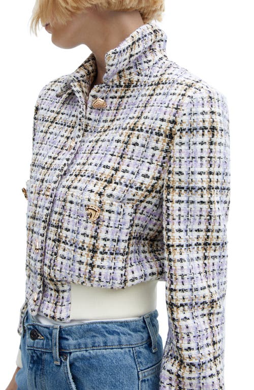 Shop Mango Plaid Tweed Crop Bomber Jacket In Light/pastel Purple