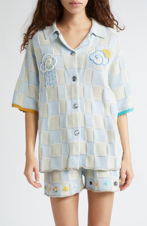 Embroidered Checkerboard Oversize Knit Button-Up Sweater Shirt in Sky