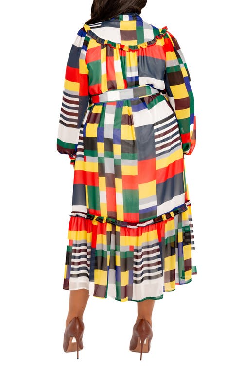 Shop Buxom Couture Plaid Ruffle Bib Belted Long Sleeve Maxi Dress In White/multi-color